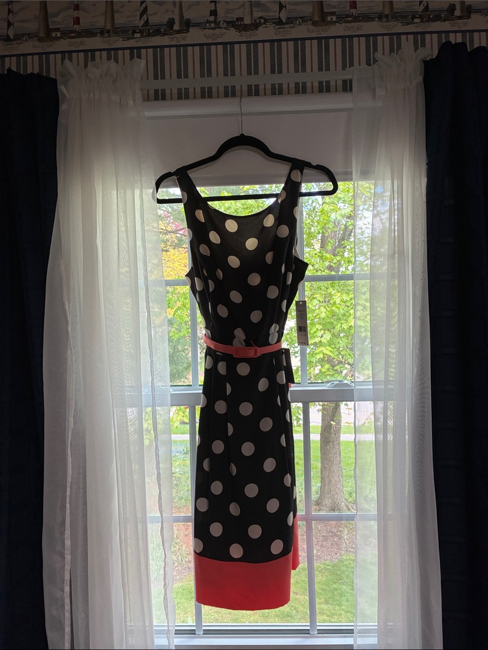 Eliza J Black Polka Dot Midi Dress with Pink Belt and Hem